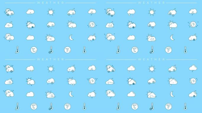 以天气为主题的带有蓝色轮廓和白色填充的图标集合。