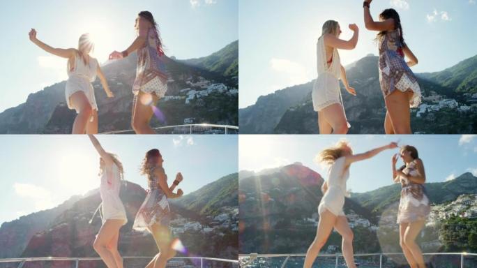 两名迷人的年轻女性在意大利度假期间在船上跳舞的4k视频片段