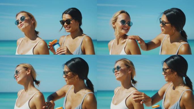 戴着太阳镜的快乐年轻女友的慢动作很有趣，可以在海滩度假期间涂上防晒霜或晒黑乳液来照顾自己的皮肤。
