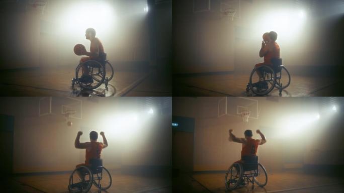 轮椅篮球运动员穿着红色制服的投篮成功，打进了一个完美的进球。残疾人的决心、训练、灵感。多莉慢动作与暖