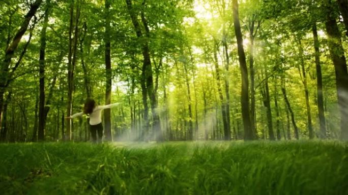 SLO MO年轻女子在阳光明媚的森林中的绿色林间空地中奔跑和旋转