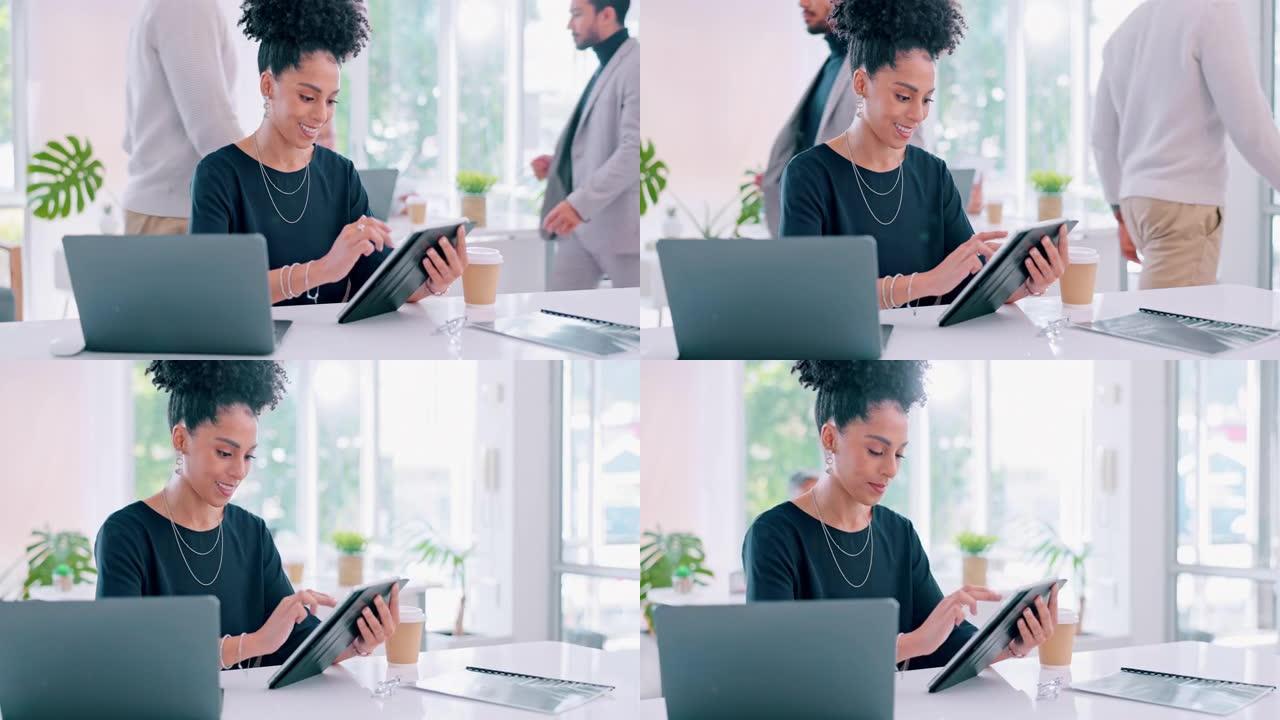 平板电脑、办公室和妇女在现代办公桌上网查看电子邮件或社交媒体在线报告。技术，通信和网络，内容营销创业