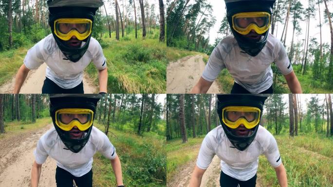 骑自行车的人在骑行时戴着保护眼镜的前视图