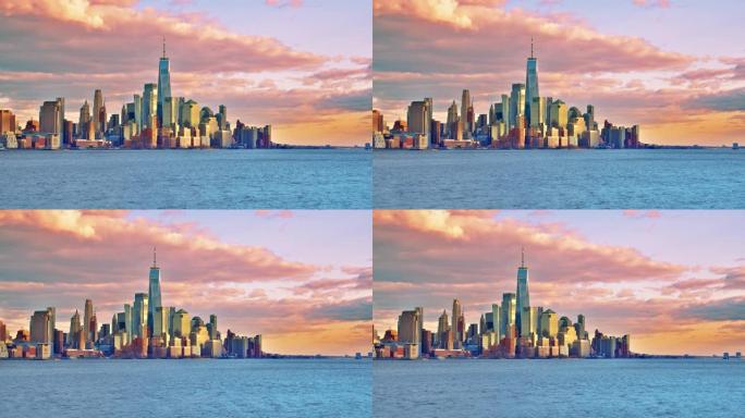 远处的曼哈顿岛。水锋。日落。著名的城市天际线。