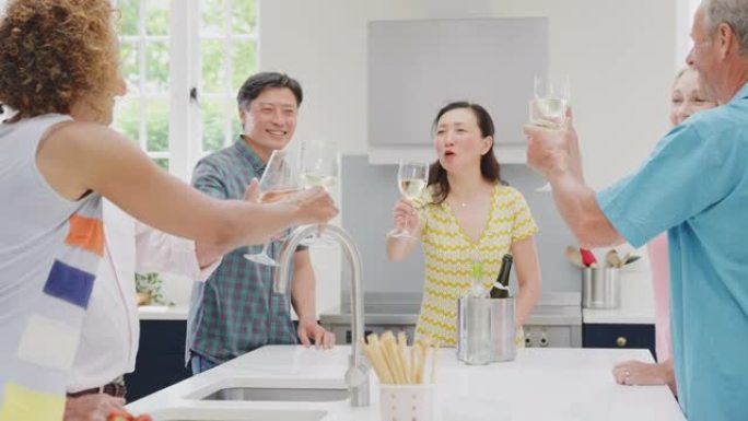 一群多元文化的资深朋友在暑假聚会在度假公寓喝酒