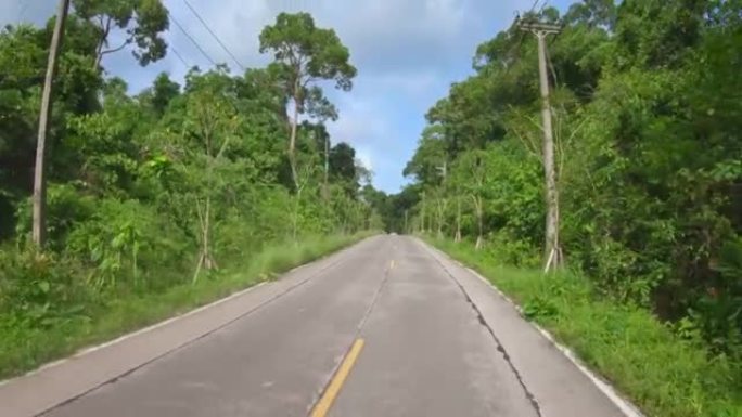 在山间公路上行驶穿过森林的后视镜头