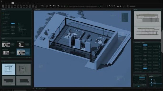 带有室内设计的私人乡间别墅项目的建筑3D软件模拟动画。暗夜模式概述计算机显示器和笔记本电脑屏幕的界面