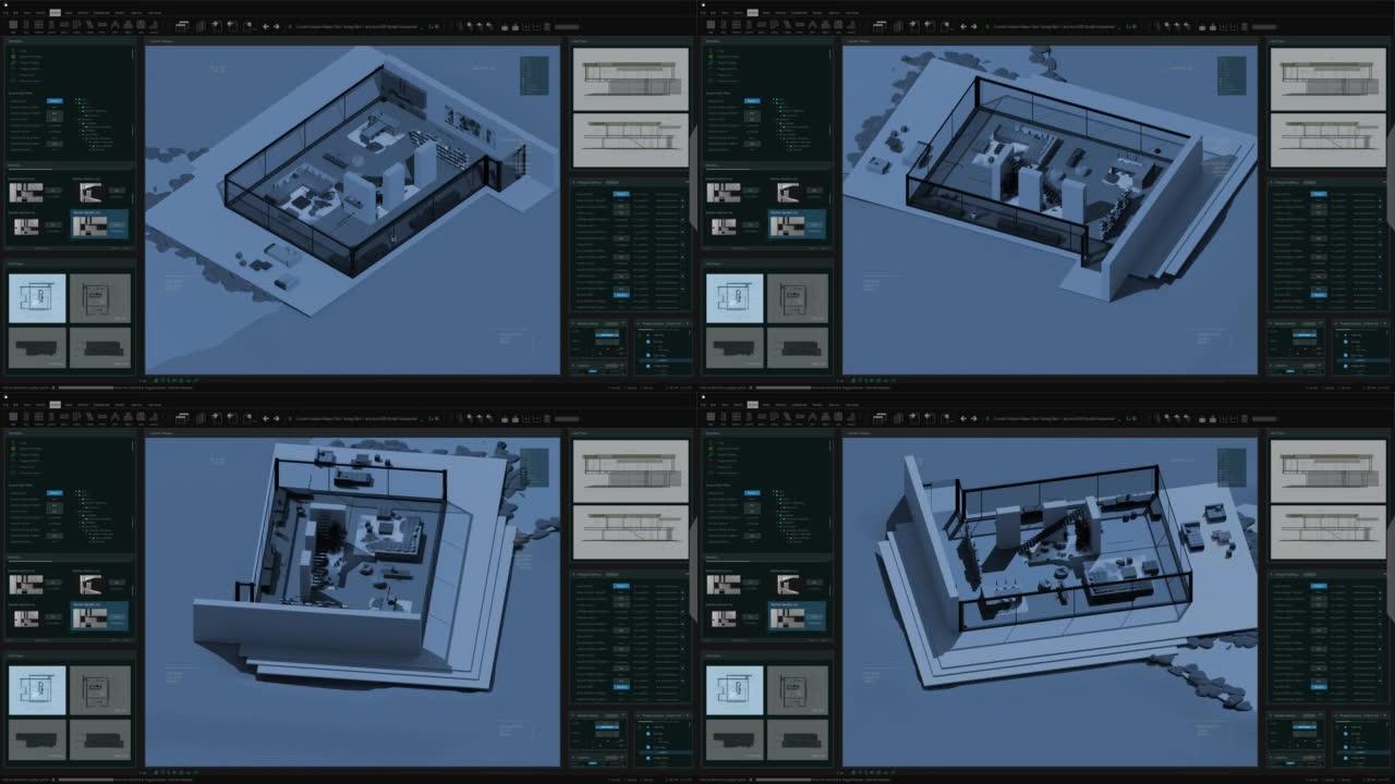 带有室内设计的私人乡间别墅项目的建筑3D软件模拟动画。暗夜模式概述计算机显示器和笔记本电脑屏幕的界面