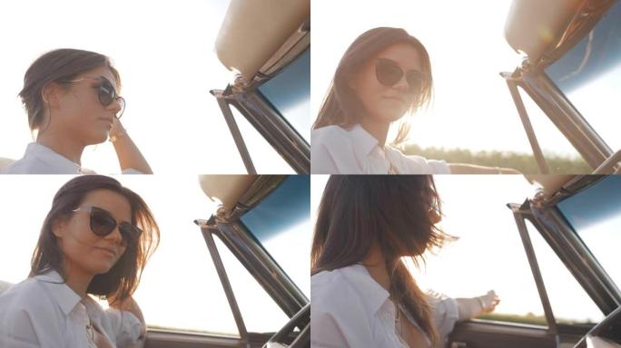 留着长发和太阳镜的SLO MO年轻女子在日落时享受敞篷车的驾驶