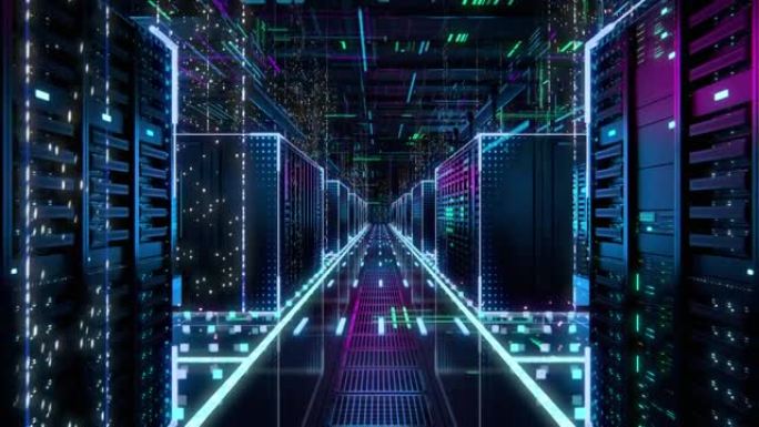 现代数据技术中心服务器机架在黑暗的房间与VFX。物联网的动画可视化概念，数据流，互联网流量的数字化。