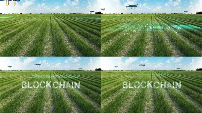 无人机扫描农场，分析田野，智能农业连接 '区块链'，4k电影，物联网。
