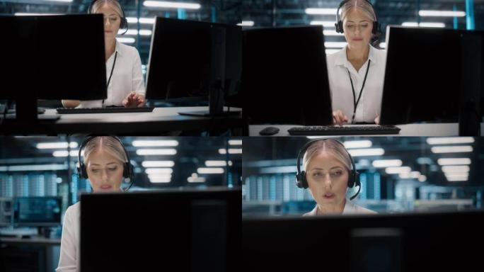 呼叫中心办公室: 友好的高加索女性技术客户支持专家的肖像在耳机上交谈，使用计算机。客户体验官通过视频
