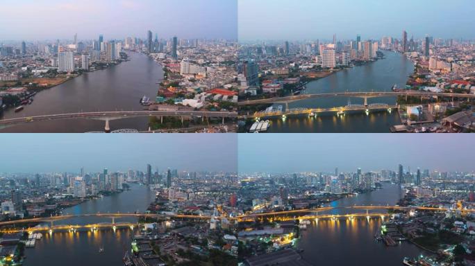 鸟瞰图日夜时间流逝泰国曼谷城市天际线。