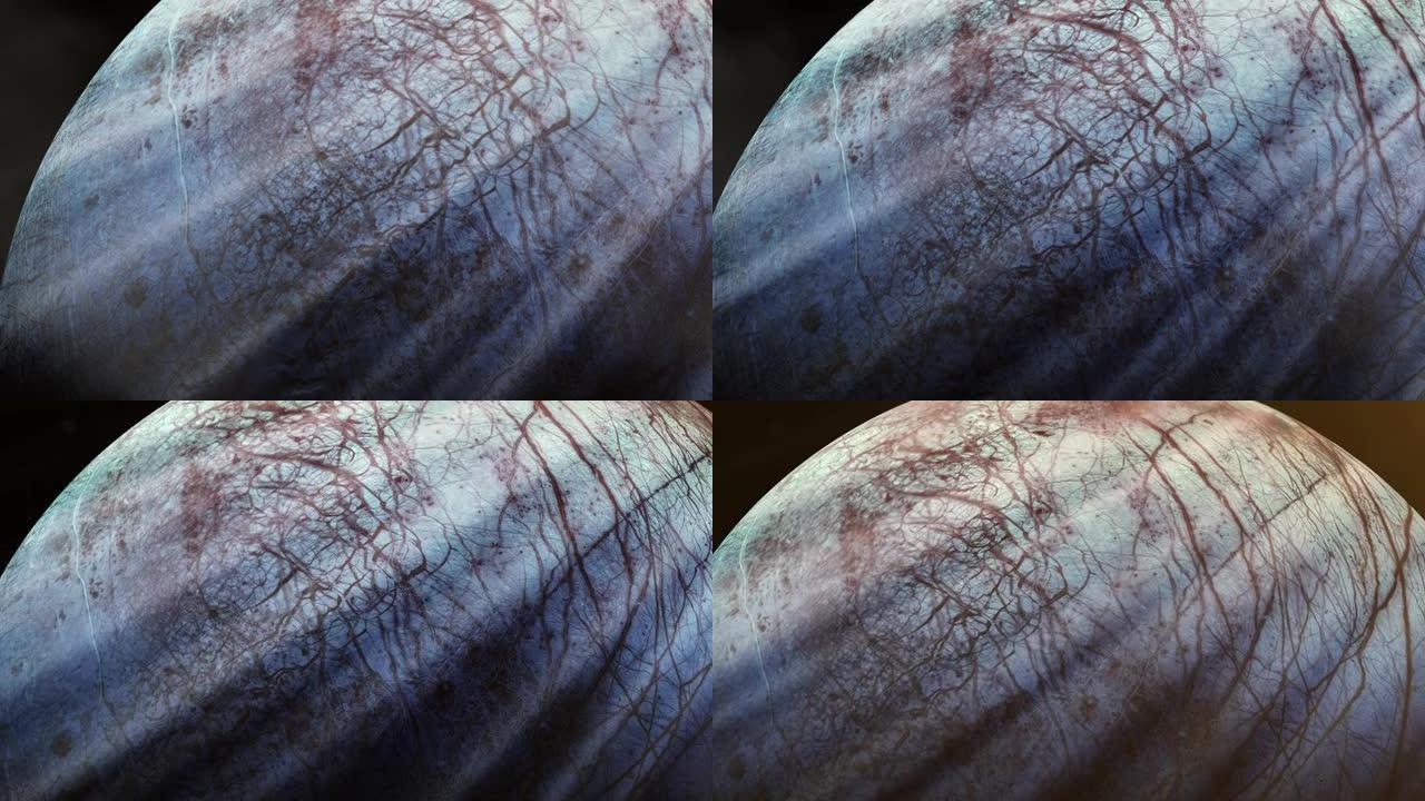 木卫二、木星的卫星和太阳射线的表面。这段视频的元素由美国宇航局提供。4 k决议。