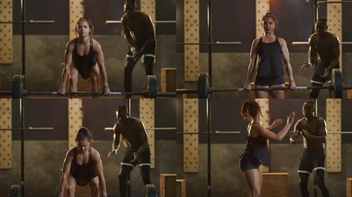 4k视频片段，一名年轻女子在健身房用杠铃进行硬拉