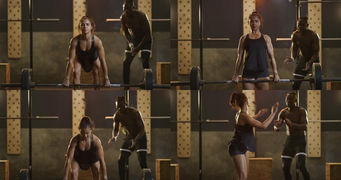 4k视频片段，一名年轻女子在健身房用杠铃进行硬拉