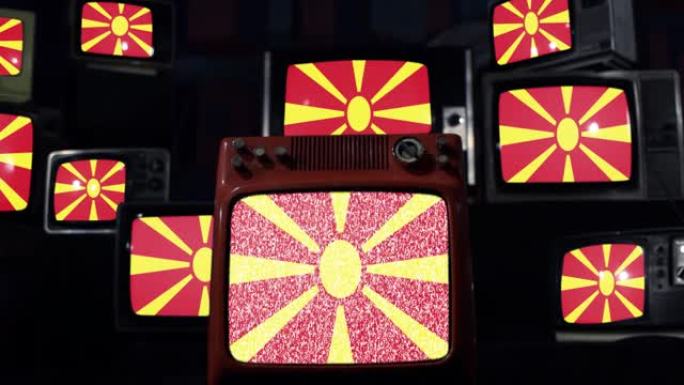 北马其顿的旗帜和老式电视机。