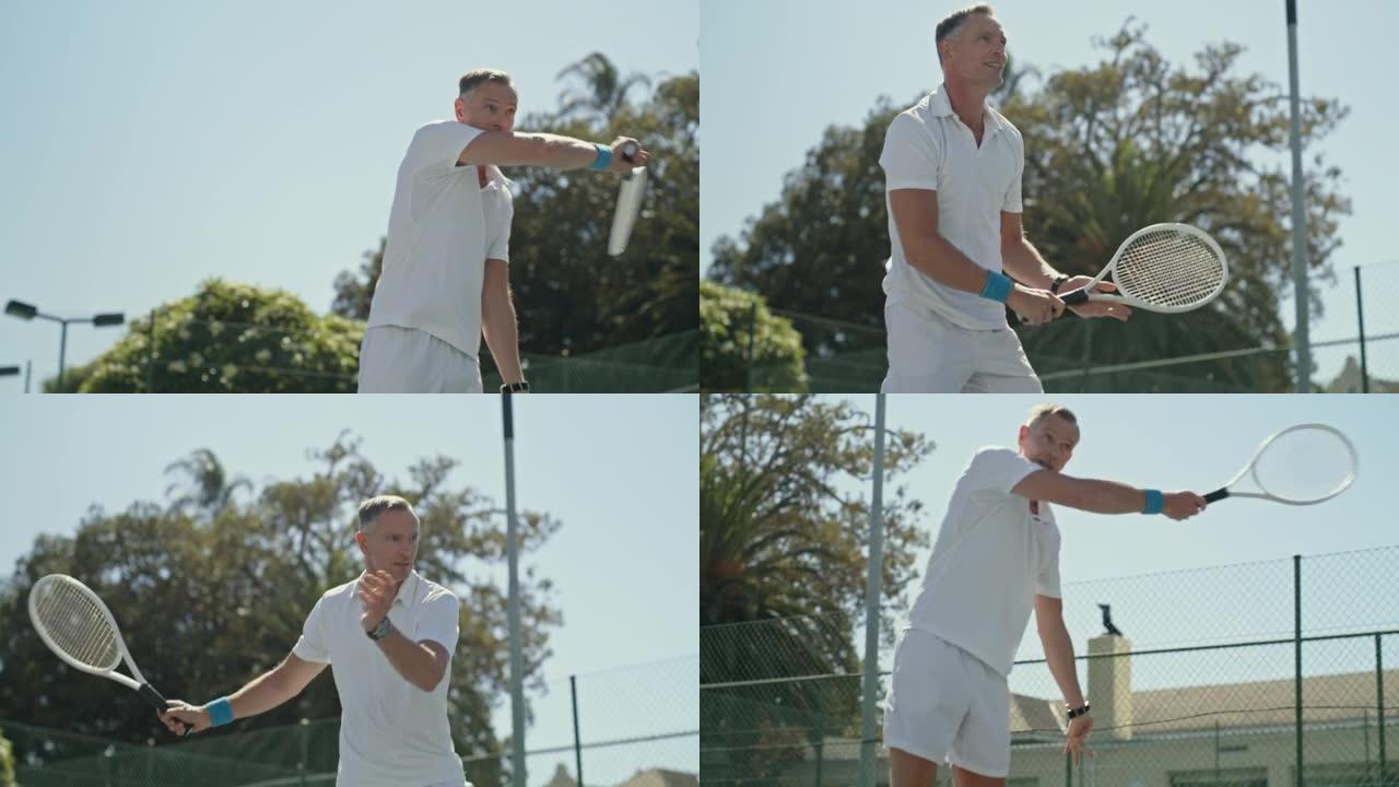 男子网球选手用球拍击球