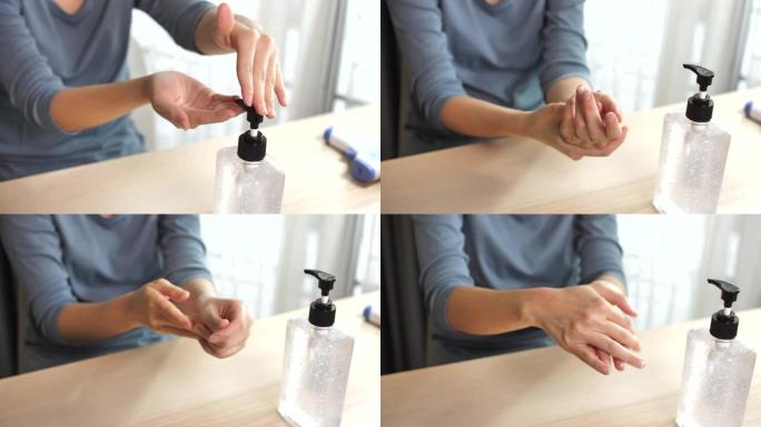 室内使用洗手液、酒精凝胶的近距离手部女性