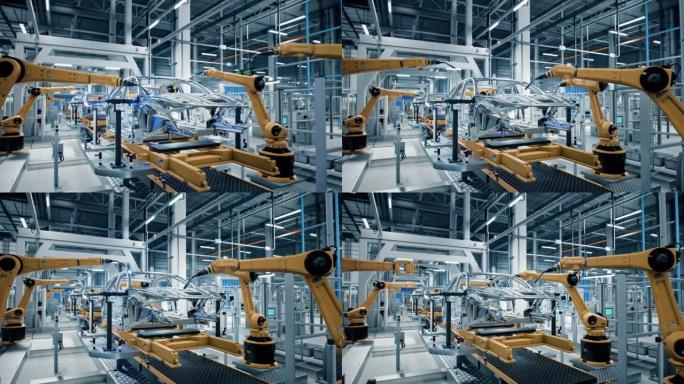 车厂3D概念: 自动化机械臂装配线制造先进高科技绿色能源电动汽车。建筑、焊接工业生产输送机。特写
