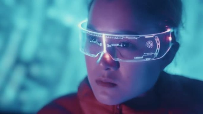 亚洲女性使用背景霓虹灯VR眼镜