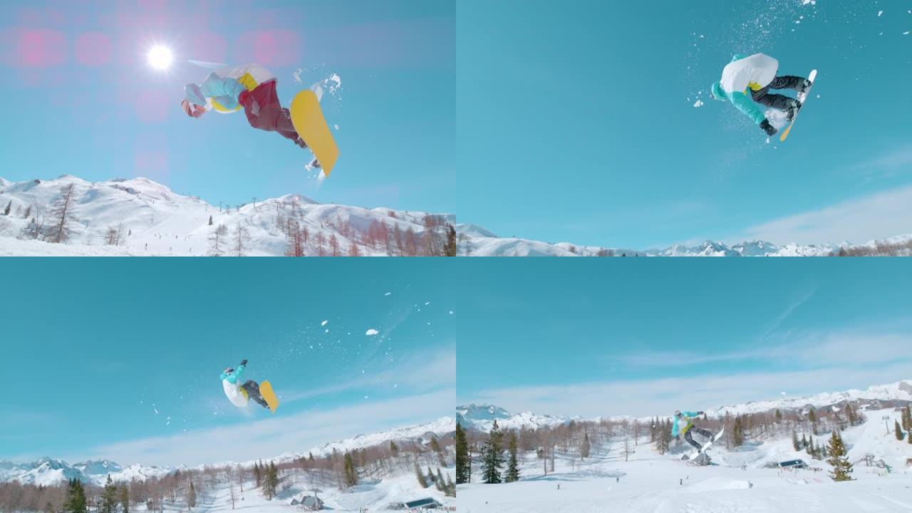 慢动作: 单板滑雪职业选手进行旋转抓斗的电影动作镜头。