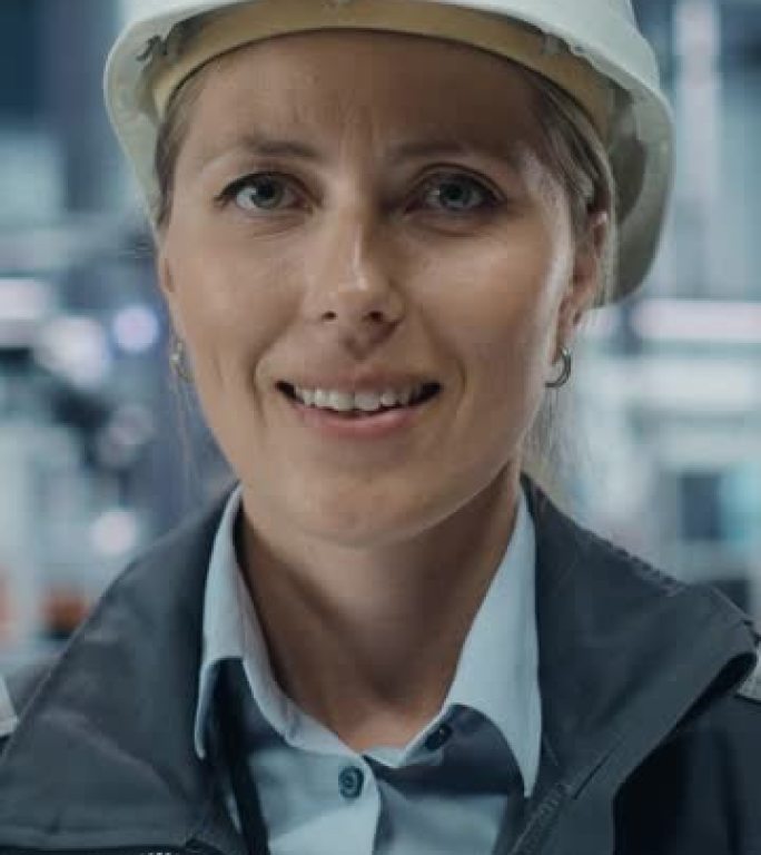 垂直屏幕。汽车厂办公室: 戴着安全帽的女总工程师的肖像看着相机，微笑着。自动化流水线制造高科技电子。