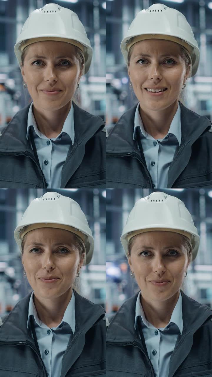 垂直屏幕。汽车厂办公室: 戴着安全帽的女总工程师的肖像看着相机，微笑着。自动化流水线制造高科技电子。
