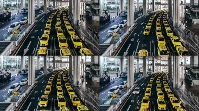 T/L TU繁忙的黄色出租车在机场出口排队
