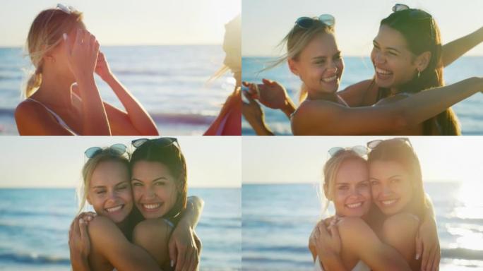 两个穿着比基尼的年轻女友的慢动作很开心，一起享受暑假，在日落时分在海边拥抱。