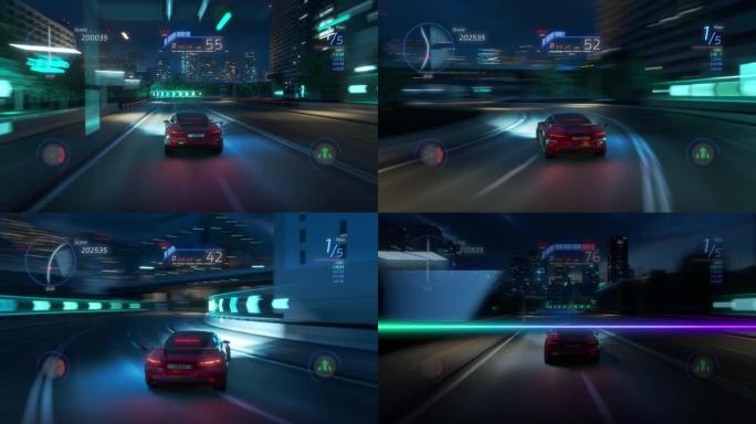 具有界面的赛车模拟器视频游戏的游戏。计算机生成的3D汽车在现代城市的夜晚高速行驶和漂移。VFX动画。