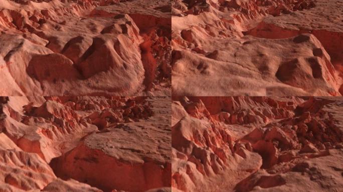 火星星球。在计算机图形学中从无人机拍摄的行星的石头红色沙子表面。空间概念。外星人主题