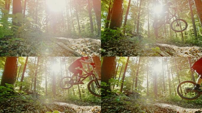 超级SLO MO时间扭曲效果MTB骑自行车的人在阳光明媚的森林中跳过木制坡道