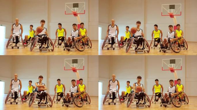 适应性运动员在轮椅上的肖像在篮球场上投篮。