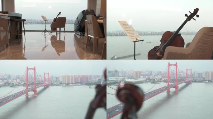 豪宅里眺望江的大提琴