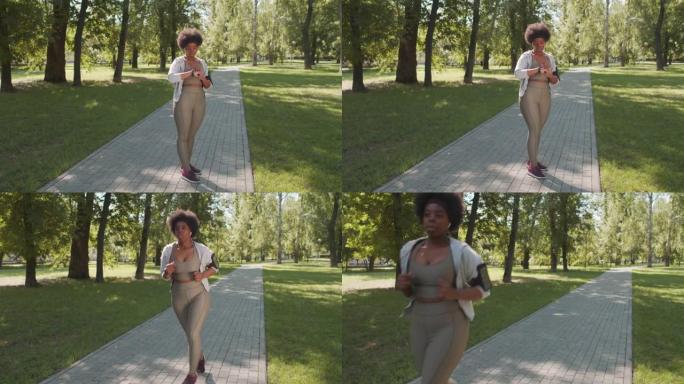 非裔美国胖女人在户外慢跑