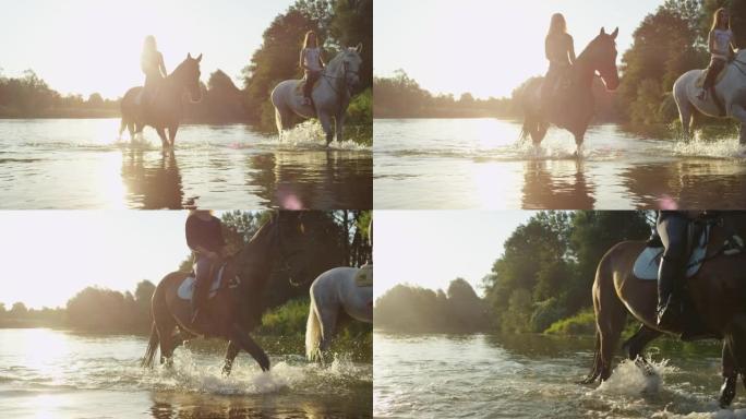 镜头耀斑: 女性骑马骑手在清新的河水中冷却马匹