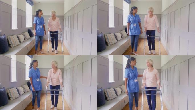 穿着制服的女护理人员在家里使用步行架的高级妇女