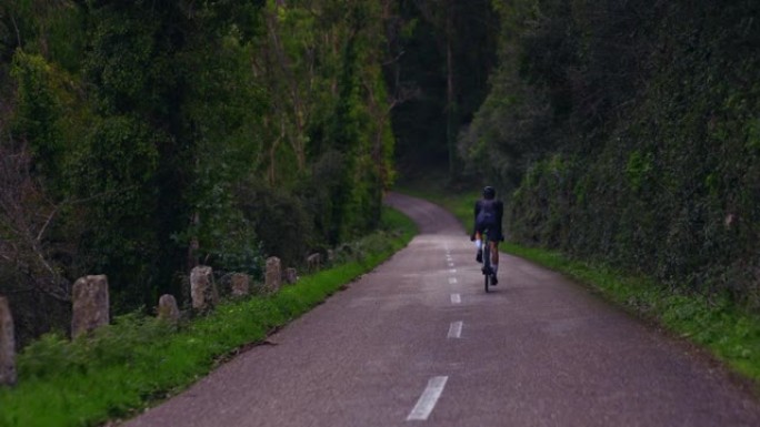 专业骑自行车的人在森林路上骑自行车