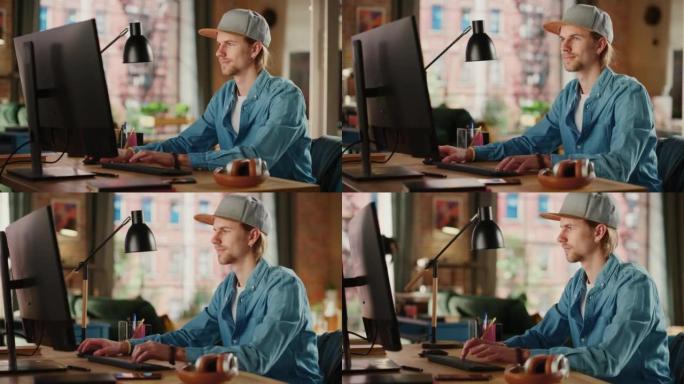 年轻英俊的成年男子戴着帽子，在阁楼公寓用台式电脑工作。有才华的男性从家里或创意办公室检查和写电子邮件