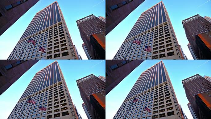 曼哈顿金融大楼。美国国旗。