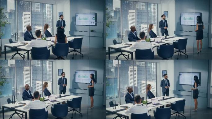 多元化办公室会议室会议: 男性高管欢迎亚洲女性高层管理人员向一群投资者介绍电子商务金融科技初创公司的