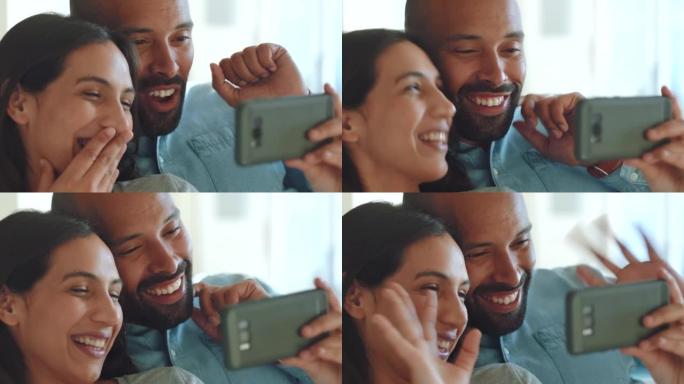 网络视频通话，电话交流和夫妻聊天，哇和惊喜的表情在家里。在使用技术的房屋中进行数字移动对话的快乐人们