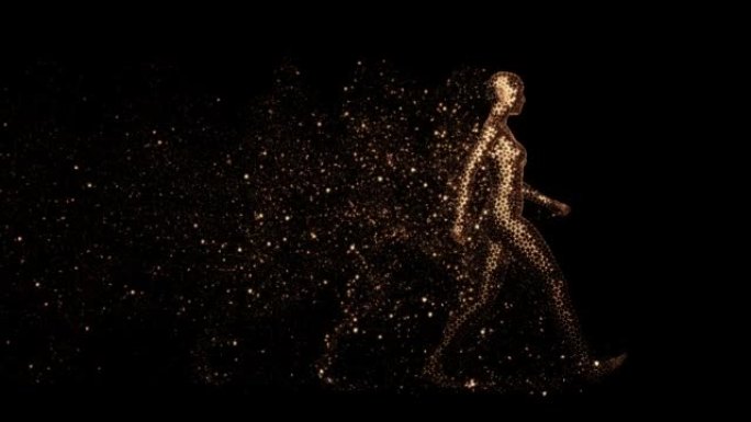 3D渲染女性人体的金色多边形全息图，在黑色背景上行走。留下一丝金色的微粒，我们看到了她的全面成长