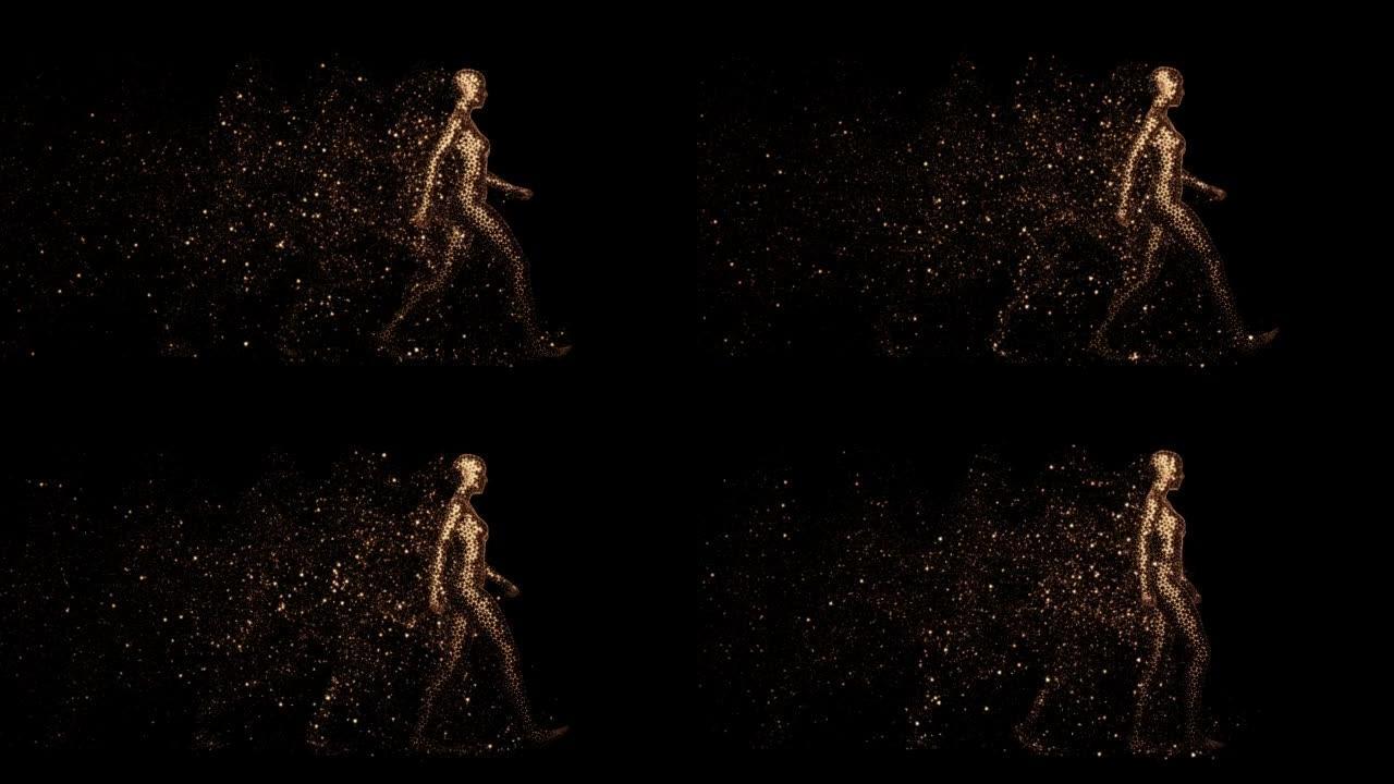 3D渲染女性人体的金色多边形全息图，在黑色背景上行走。留下一丝金色的微粒，我们看到了她的全面成长