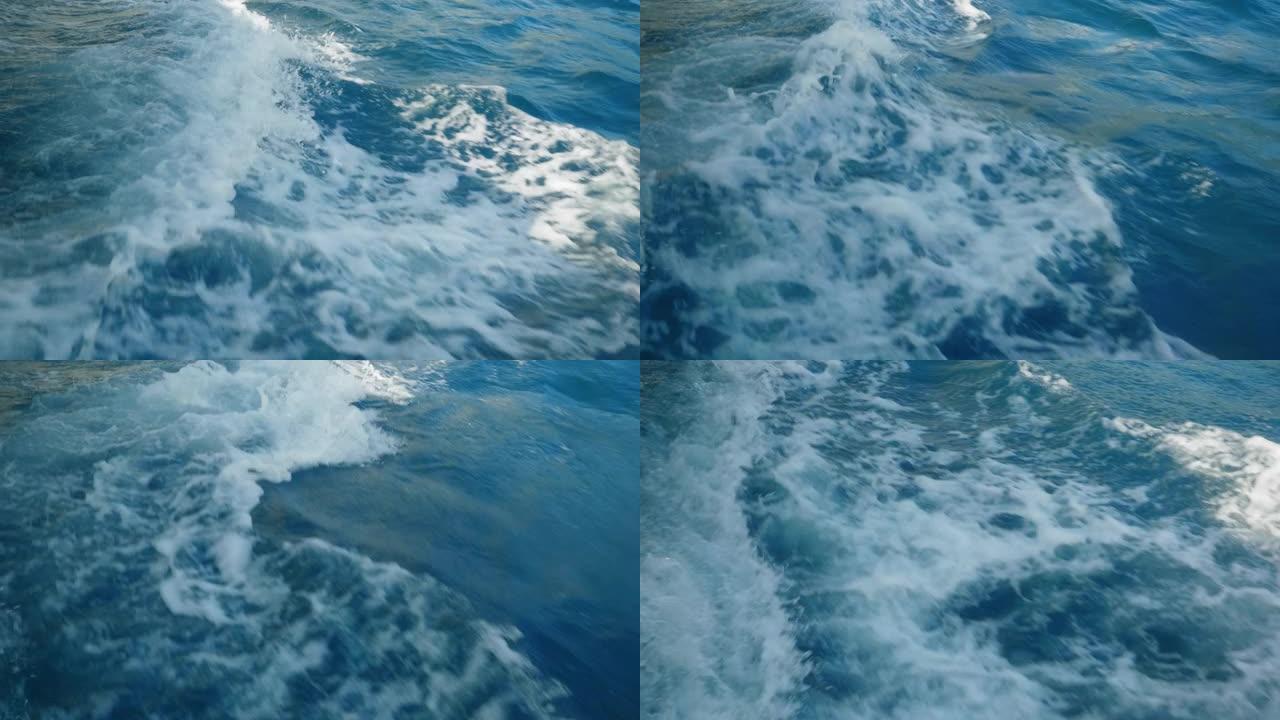 船后的水泡沫痕迹。
