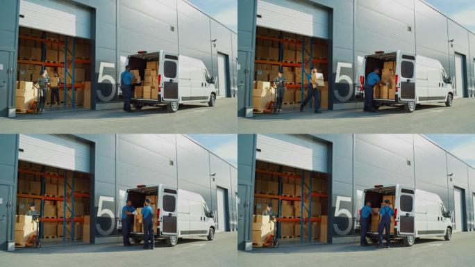 在物流零售商仓库外，经理使用平板电脑，各种工人用纸板箱装载送货卡车。在线订单、采购、电子商务商品。宽