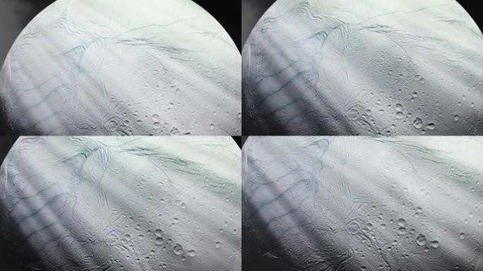 冰月土卫二、土星卫星和太阳光线的表面。NASA提供的这段视频的元素。4k分辨率。