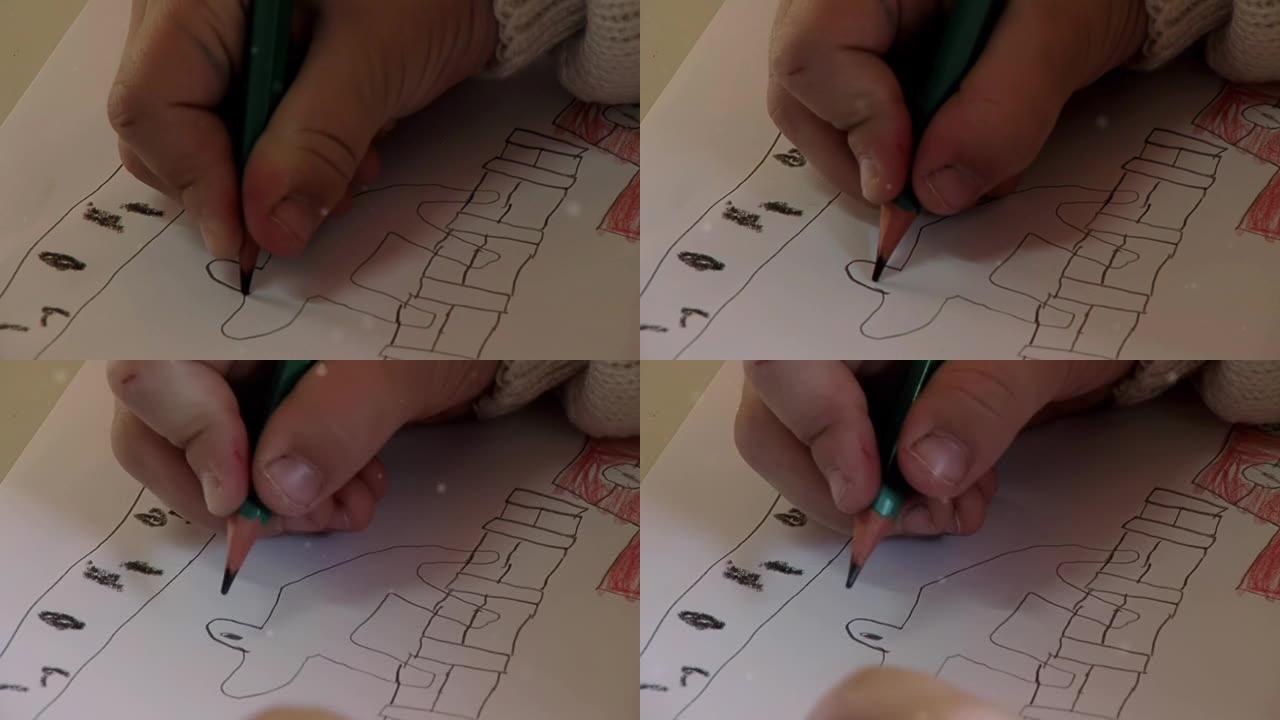 幼儿园的孩子在白纸上画画。特写。