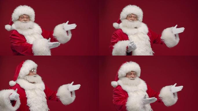 圣诞老人用手展示链接的地方，展示产品有多酷，并竖起大拇指，站在红色背景上
